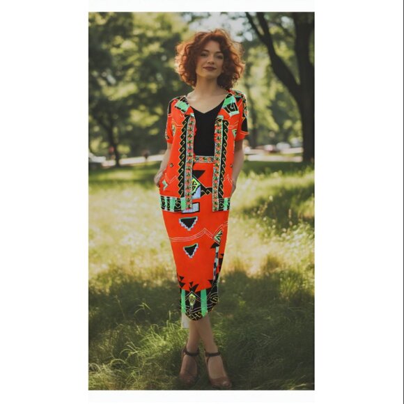 Paganne Gene Berk Signed Red Tribal Art Deco Vintage Maxi Skirt, Size 12 - Picture 3 of 9